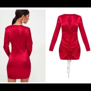 PrettyLittleThing Red Satin Plunge Ruched Dress